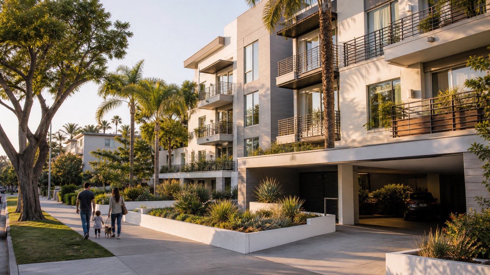 Contemporary Los Angeles condominium community in a walkable neighborhood at golden hour